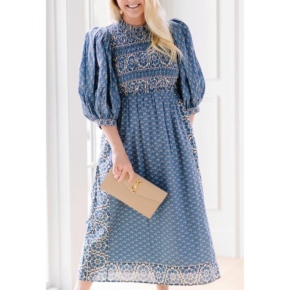 Sea New York Tuckernuck Fernanda Puff Sleeve Smocked Midi Dress Blue Cottage XS - Picture 12 of 14